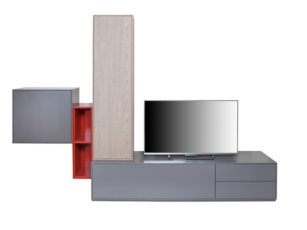 Stylische Wohnwandkombination mit grauen und roten Elementen, integriertem TV und viel Stauraum
