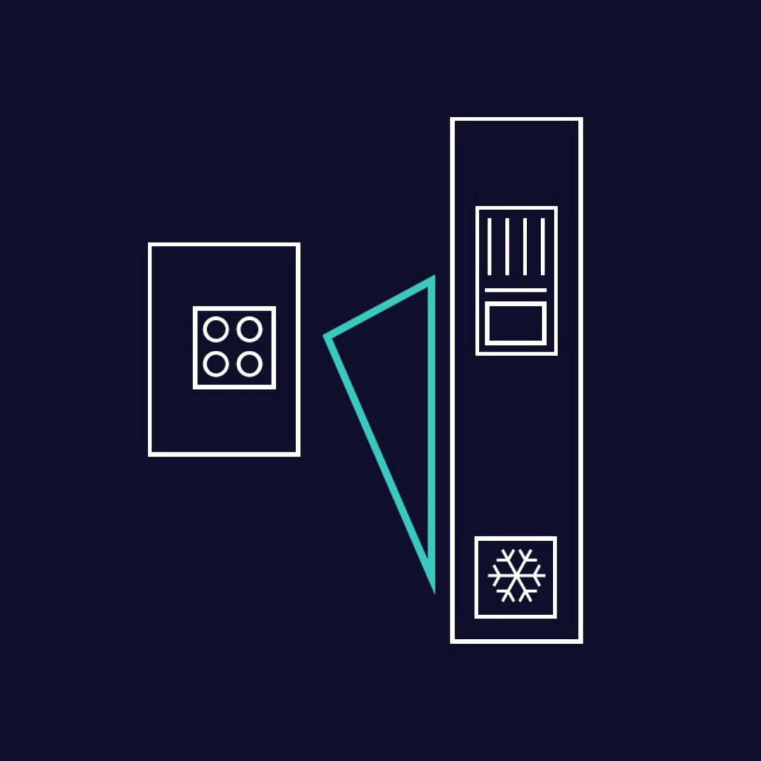 Grafik mit geometrischen Linien und Symbolen für technische Küchengeräte auf dunkelblauem Hintergrund
