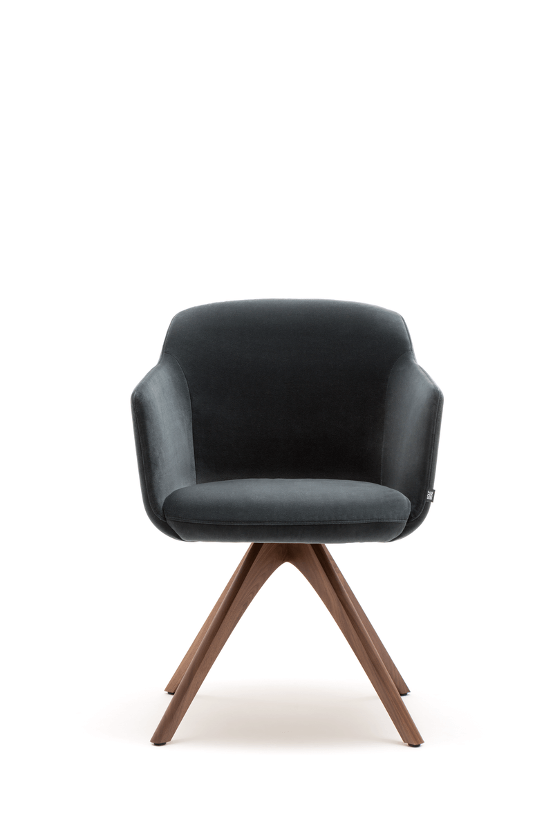 Stilvoller Polsterstuhl in Dunkelgrau mit eleganten Holzbeinen, ideal für Wohn- und Essbereiche