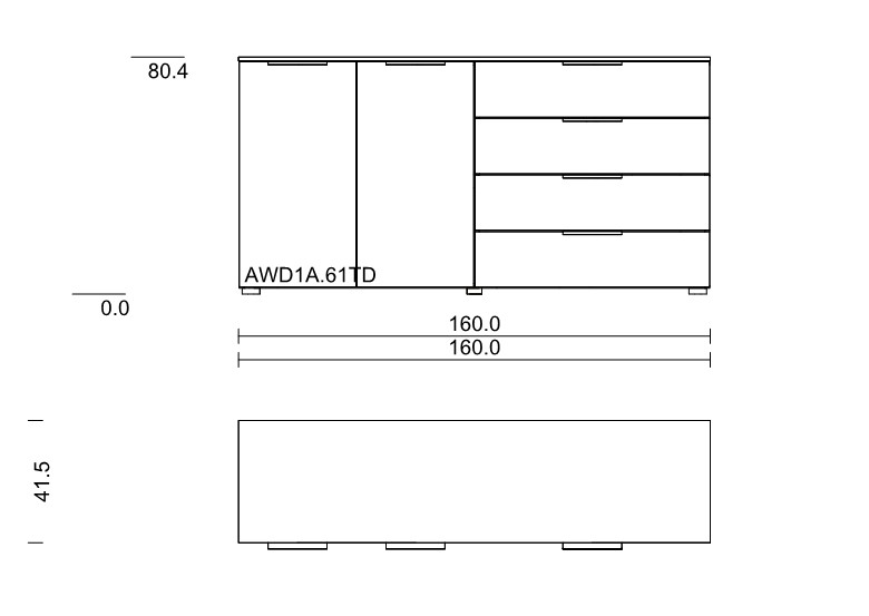 Maßzeichnung einer Kommode mit vier Schubladen und zwei Drehtüren vor weißem Hintergrund
