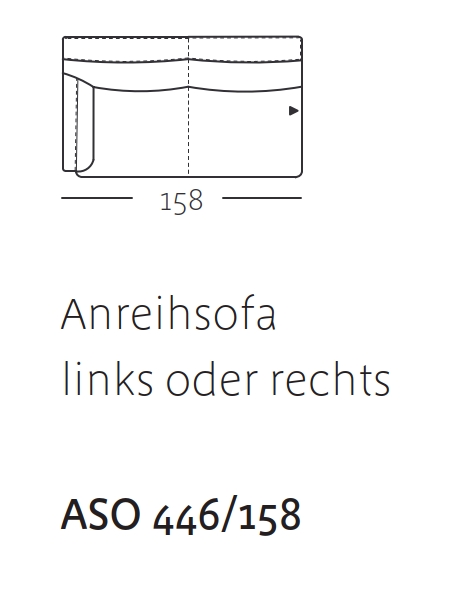 Diagramm eines Anreihsofas mit flexibler Ausrichtung links oder rechts, Modell ASO 446/158, Breite 158 cm