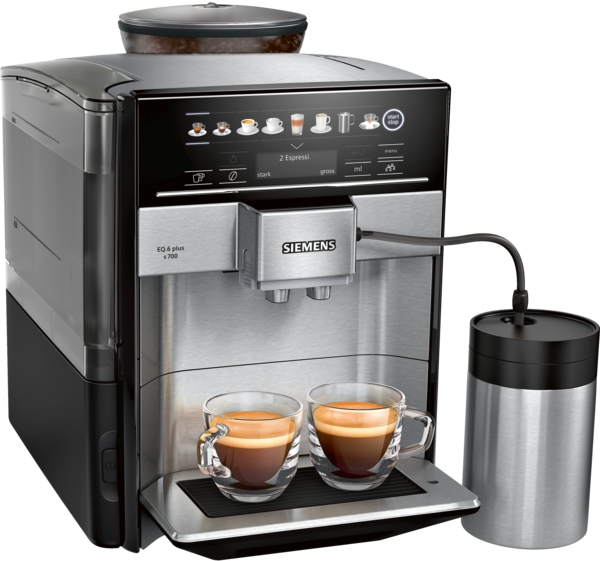 Siemens - Kaffeevollautomat EQ.6 plus s700 | Edelstahl | TE657M03DE Siemens Kaffeevollautomat EQ.6 Plus S700 mit Milchbehälter und zwei Espressotassen