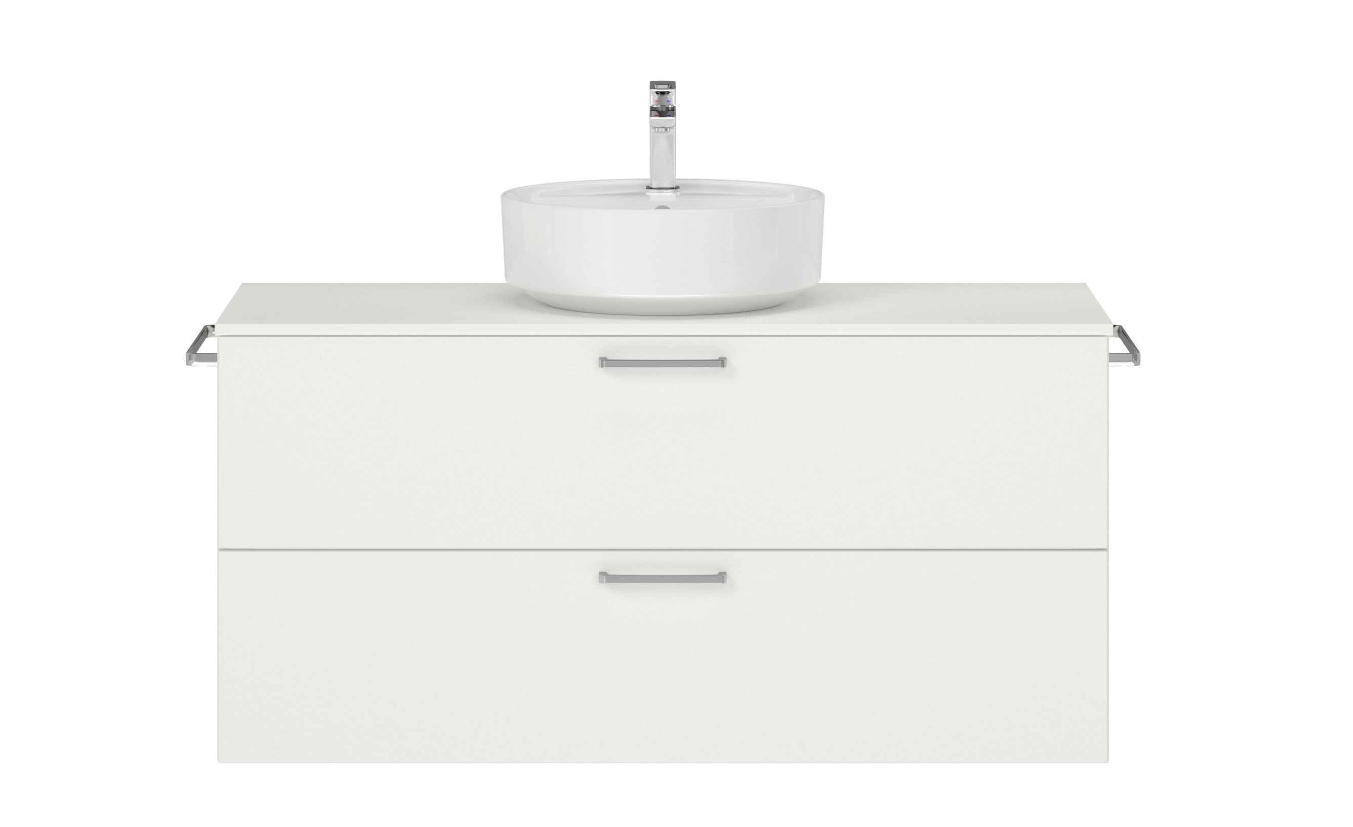 Badschrank weiß mit zwei Schubladen mit rundem Aufsatzwaschbecken Handtuchhaltern und Armatur nobilia