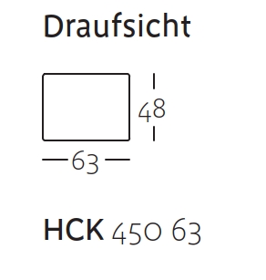 Draufsichtzeichnung eines rechteckigen Objekts mit den Maßangaben 63x48 und Bezeichnung HCK 450 63