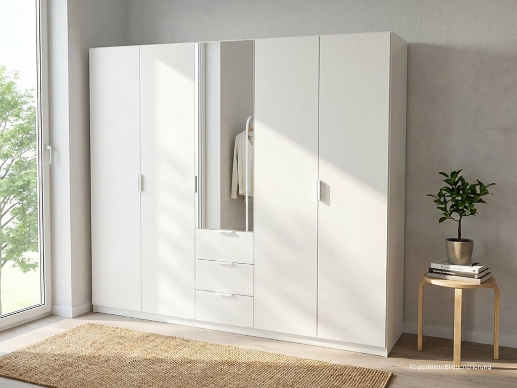 rauch BLACK - Scaletta Drehtürenschrank mit Spiegel, 5-türig, 3 Schubkästen | B: 250, H: 223 cm | versch. Dekore, Massivholz oder Glas konfigurierbar