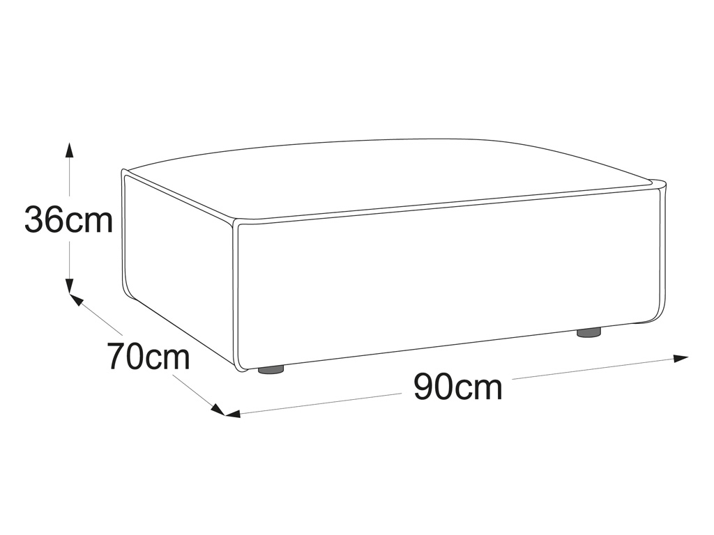 Skizze eines modernen Couchtischs mit den Maßen 90 cm Breite, 70 cm Tiefe und 36 cm Höhe