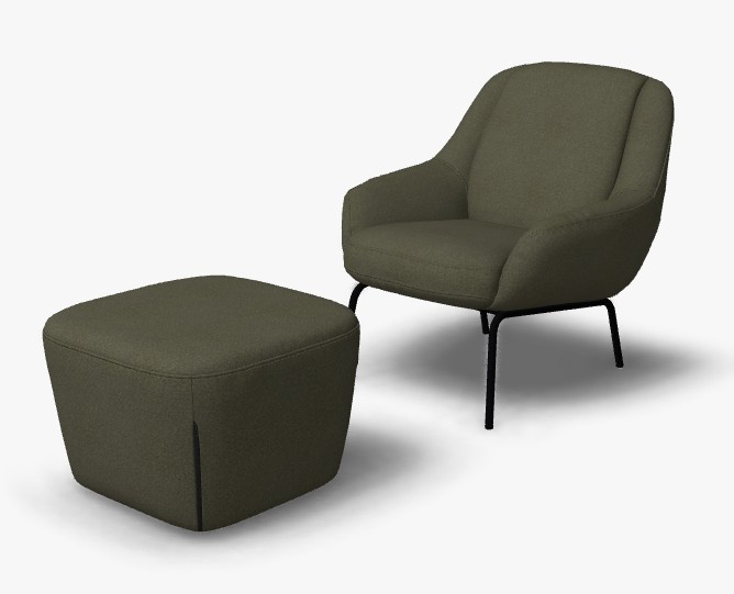 Sessel set mit einem hocker in dunkelgrau und Sessel mit schwarzem gestell vor weißem Hintergrund