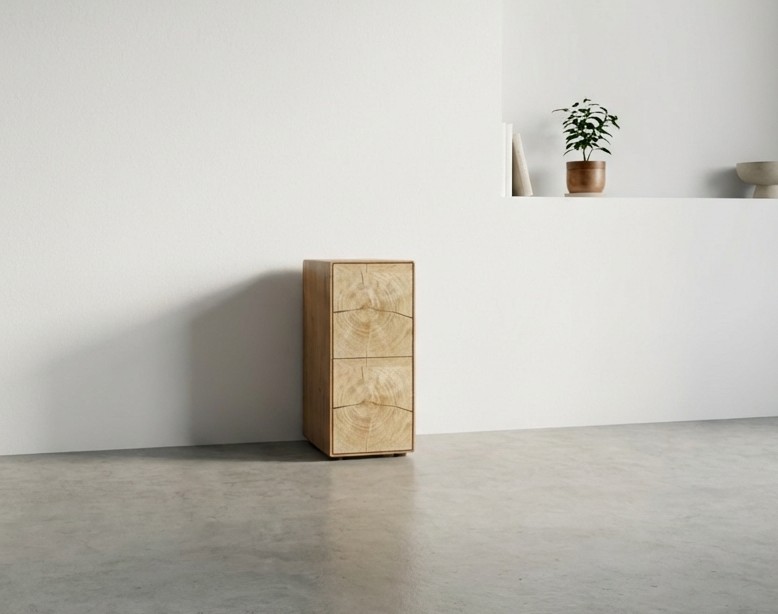 brauner kleiner Schrankes mit Holzakzent in einem hellen Raum