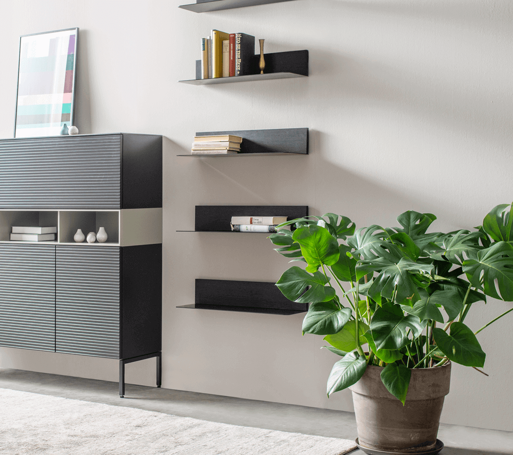 Dunkelgraue Möbelelemente mit Sideboard und Wandregalen, im Vordergrund steht eine große Monstera mit taube farbigem Übertopf.