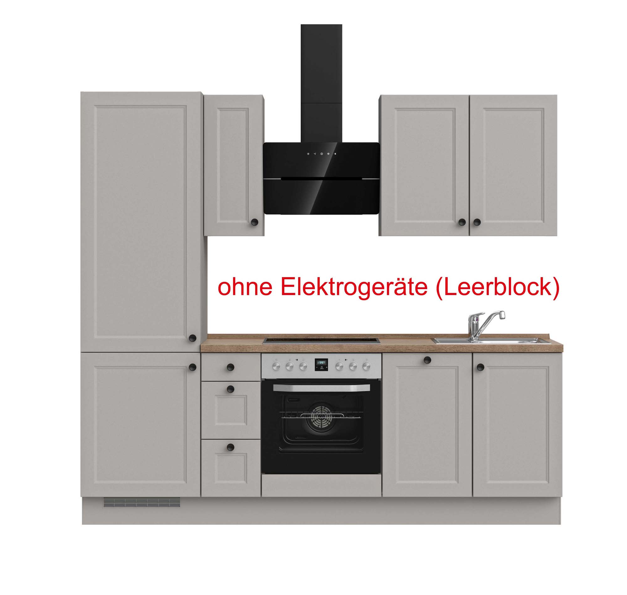küchenzeile grau, braun mit Backofen, Herd, Dunstabzugshaube, Waschbecken, Armatur mit Hinweistext ohne Elektrogeräte (Leerblock) nobilia cascada