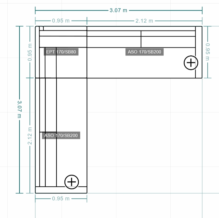 Technische Zeichnung eines L-förmigen Büromöbels mit detaillierten Maßen und Beschriftungen wie EPT 170/SB80 und ASO 170/SB200