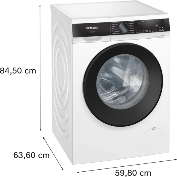 Siemens iQ700 Waschmaschine in weiß mit Frontlader, Maße 84,5 x 59,8 x 63,6 cm, 9 kg Fassungsvermögen, 1400 U/min