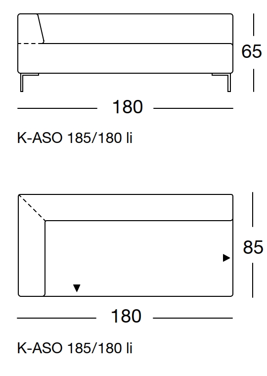 Maßzeichnung eines Sofaelements vor weißem Hintergrund freistil Rolf Benz 185