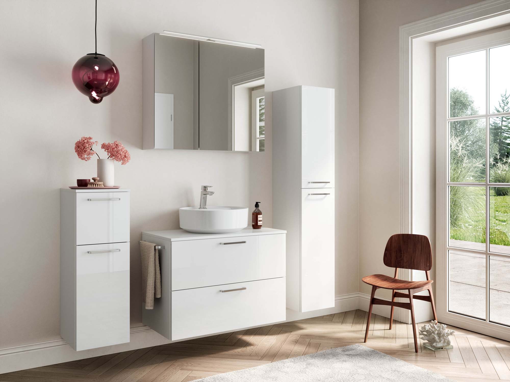 Badezimmermöbel-Set 3 Schränke weiß mit Waschtisch und Spiegelschrank nobilia