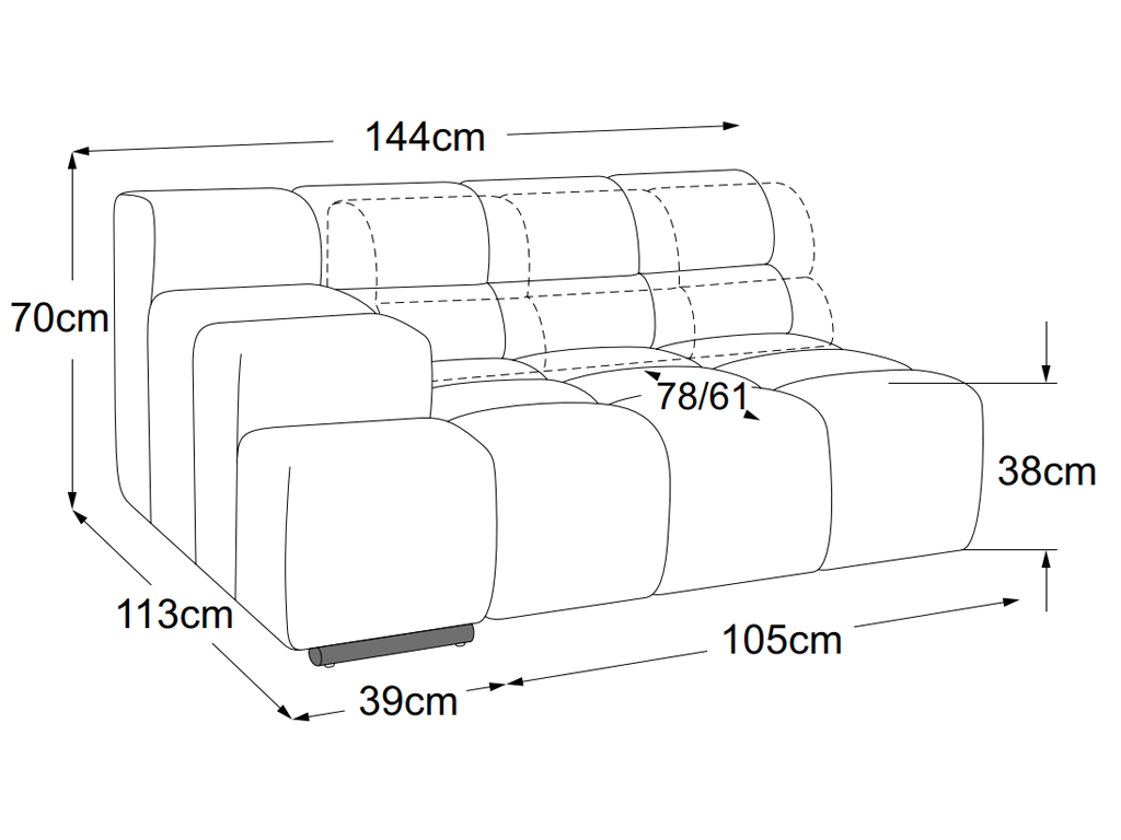 designwerk Temple - Element 105 Armteil links | B: 144 cm | mit Rückenverstellung | D021106 Maßzeichnung eines Sofaelements vor weißem Hintergrund designwerk Temple