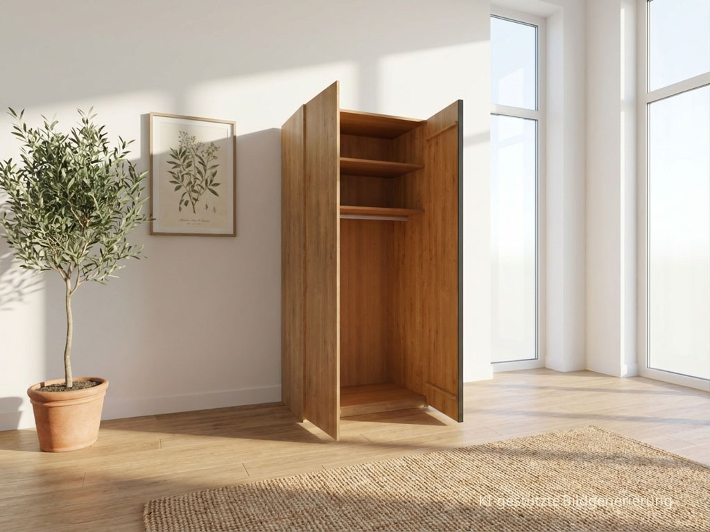 brauner geöffneter zweitüriger Kleiderschrank mit Einlegeboden und Kleiderstange in einem stilvoll dekoriertem hellen Raum, Bild KI generiert