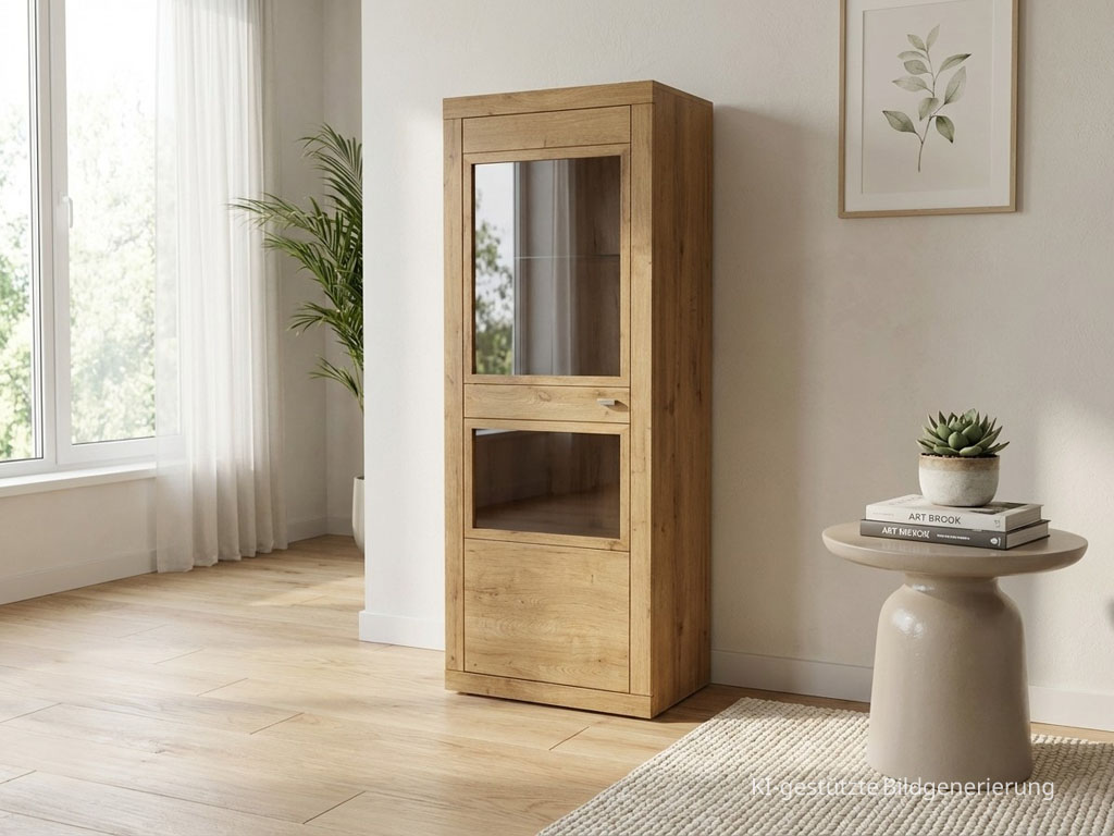 moderne braune Vitrine stilvoll dekoriert in einem hellen Raum, Bild KI generiert