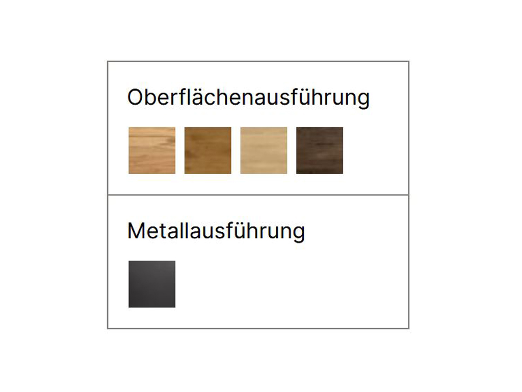 Ein Bild, das die verfügbaren Oberflächenausführungen für das Bett zeigt. Es gibt vier Holzoberflächen (von links nach rechts: Eiche hell, Wildeiche natur, Wildbuche, Walnuss) und eine Metallausführung in Anthrazit.