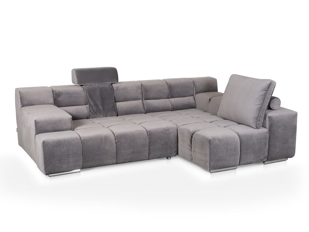 Modernes graues Ecksofa mit verstellbarer Kopfstütze und bequemen Kissen