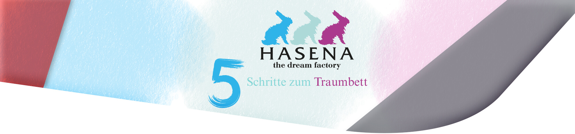 Logo mit drei farbigen Hasen von hasena und der Aufschrift: 5 Schritte zum Traumbett