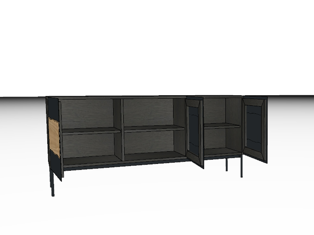 Schwarzer Schrank mit offenen Türen, zwei Fächern und hohen Beinen, ideal für Wohnzimmer oder Büro
