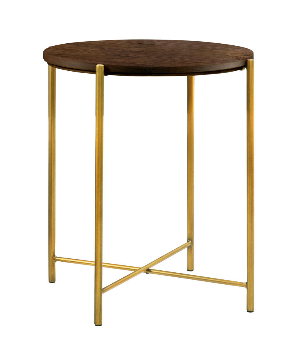 Kleiner dunkelbrauner beistelltisch mit runder platte auf einem vierfüßigen metallgestell in bronze vor weißem hintergrund nali von hasena