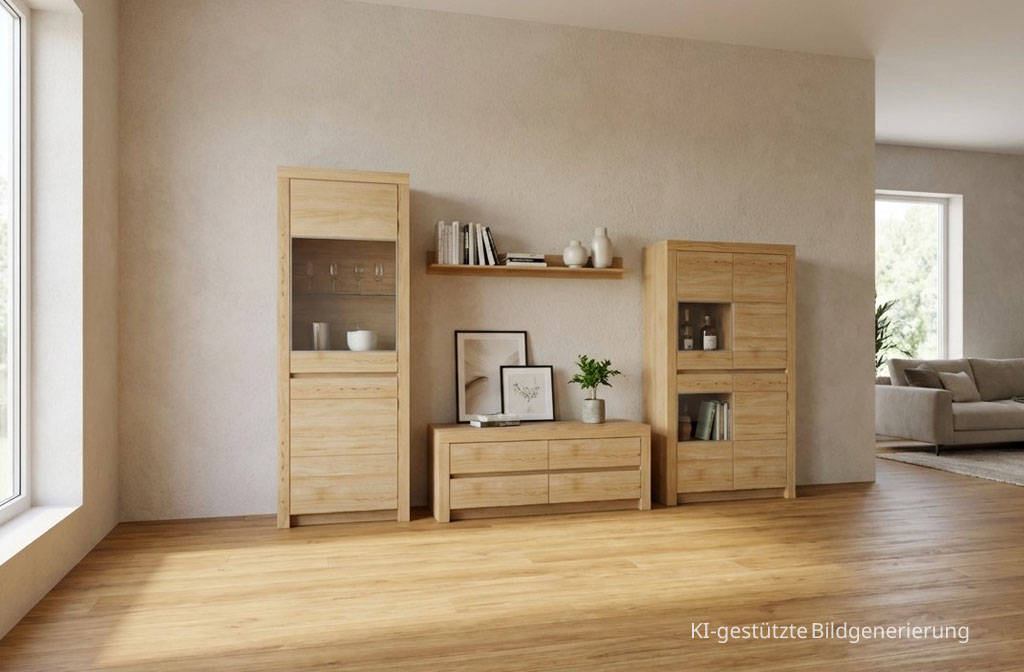 moderne braune Wohnwand stilvoll dekoriert in einem hellen Raum, Bild KI generiert