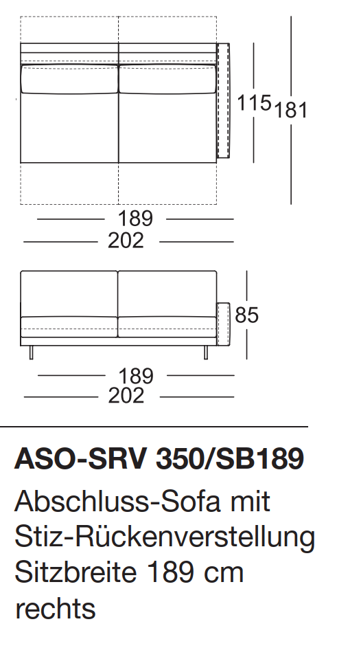Illustration eines Sofaelementes mit Bezeichnung und Maßangabe vor weißem Hintergrund