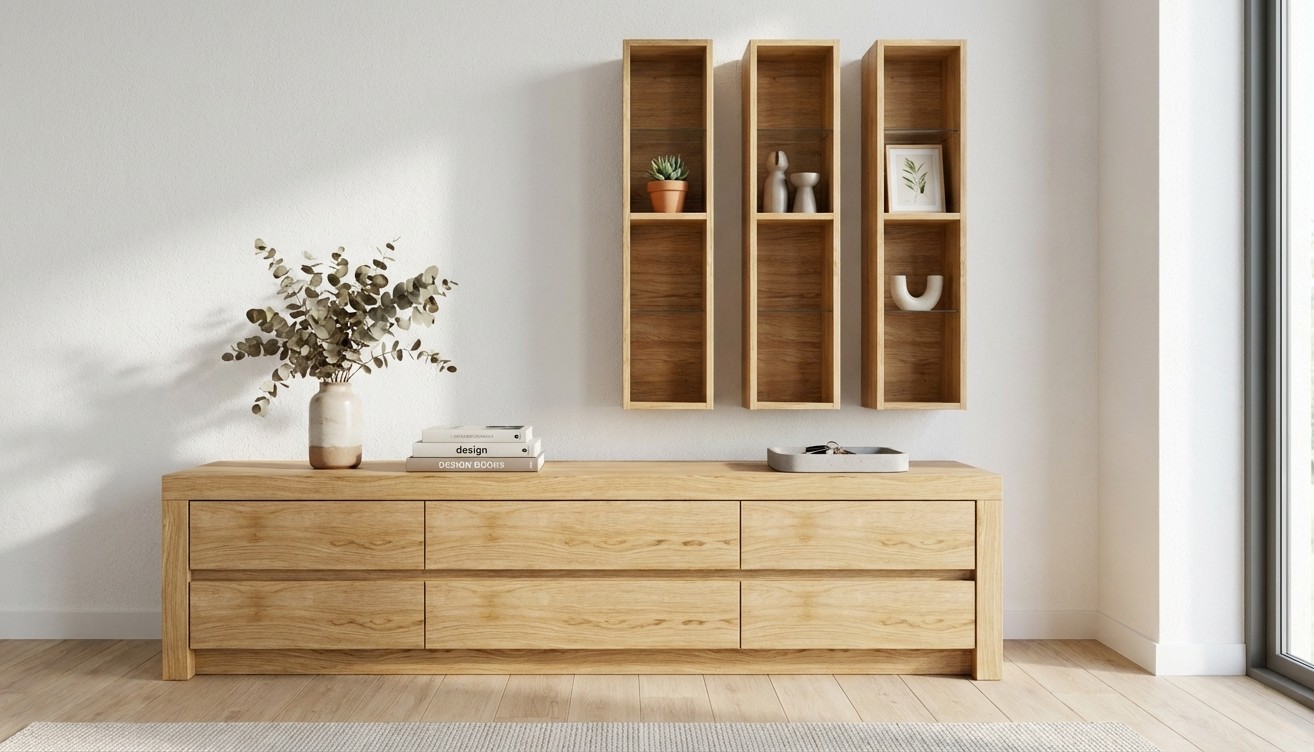 Braune Wohnwand mit einem Lowboard, 3 Hängeregalen stilvoll dekoriert in einem modernen Zimmer