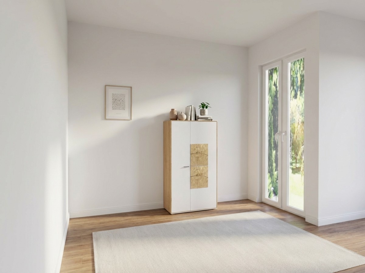 modernes weiß braunes Highboards stilvoll dekoriert in einem hellen Zimmer