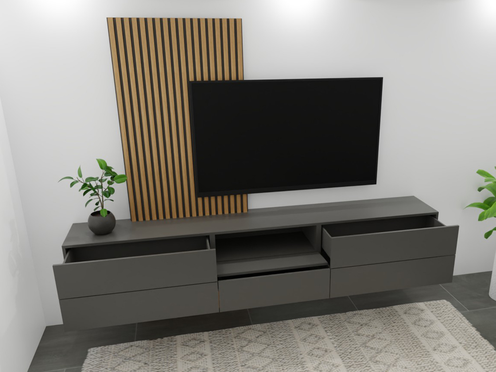 Schwarzes TV-Wandregal mit Holzpaneel, Schubladen und Dekoration