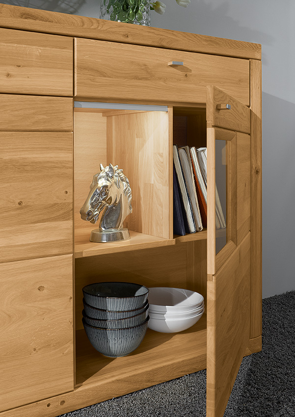 Ein geöffneter Holzschrank mit Dekoration: eine Pferdeskulptur, Bücher und Keramikschalen