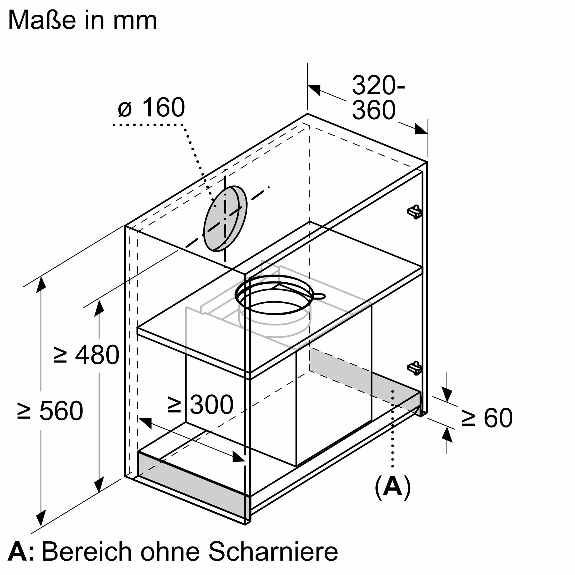 Technische Zeichnung mit Maßen in Millimetern für den Einbau der Siemens Dunstabzugshaube.