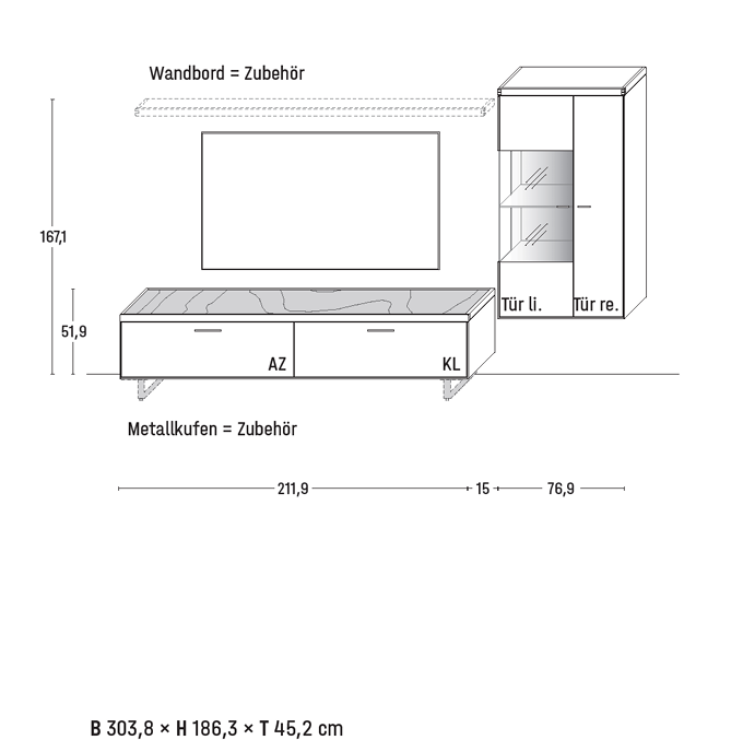Wöstmann WM 2520 - Wohnwand | Type 0011/0111 | B: 303,8 cm | Wildeiche massiv, Keramik