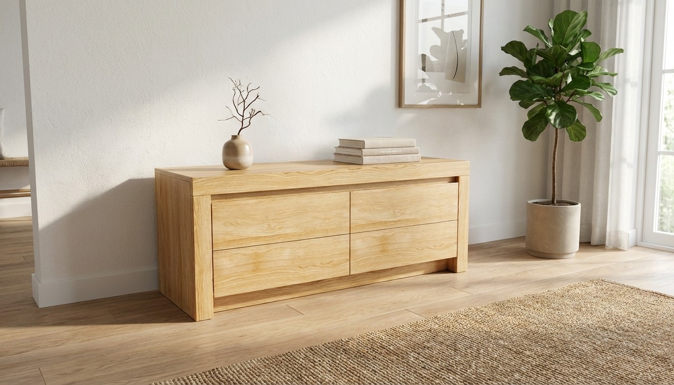 braunes Lowboard stilvoll dekoriert in einem modernen Zimmer