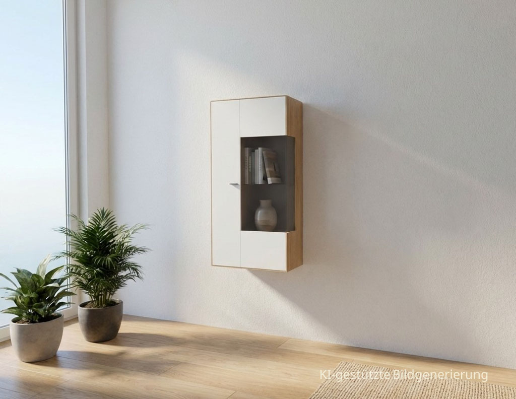 moderne weiß braune Hängevitrine stilvoll dekoriert in einem hellen Zimmer, Bild KI generiert