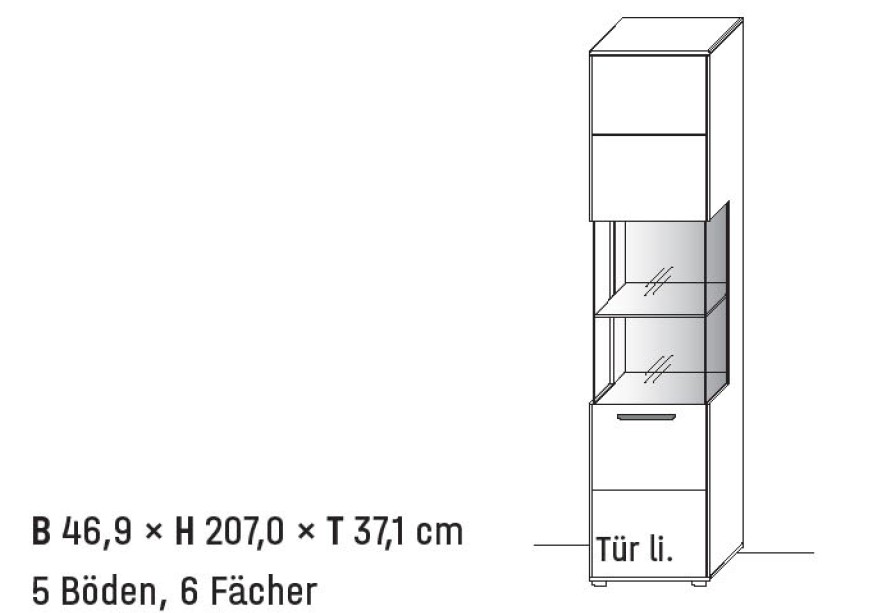 Illustration einer Vitrine mit Maßangabe und Bezeichnung vor weißem Hintergrund