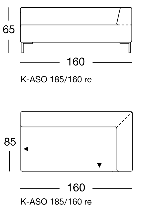 Maßzeichnung eines Sofaelements vor weißem Hintergrund freistil Rolf Benz 185