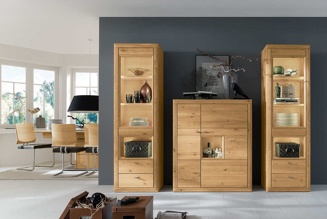Wohnzimmer mit zeitgemäßen Holzschränken, Vitrinen und dekorativen Elementen
