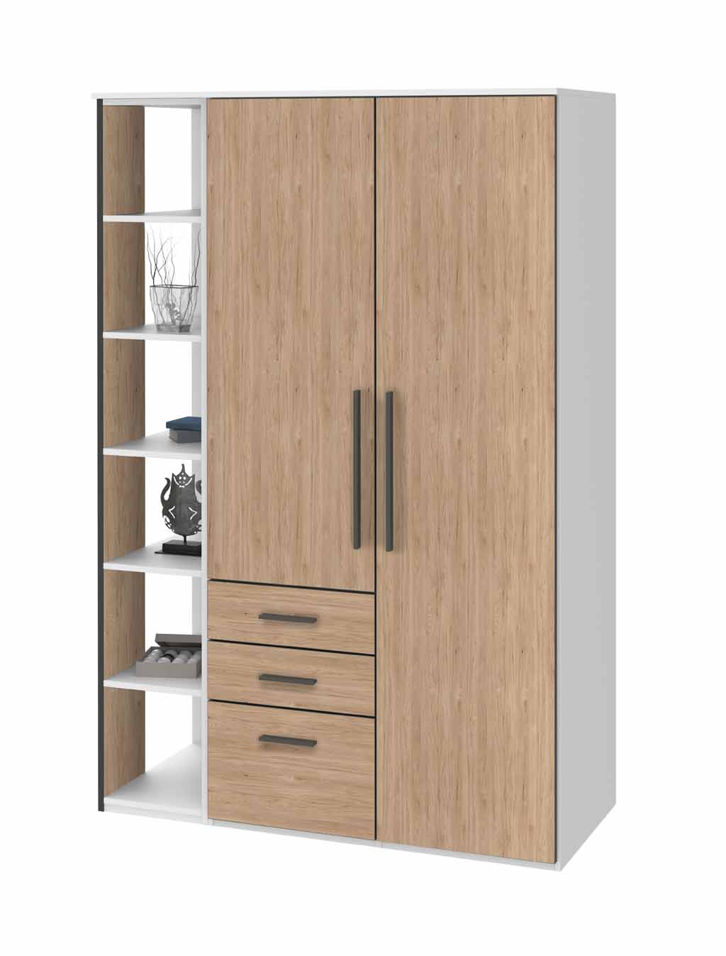 Röhr Bush. qunit - 2 türiger Kleiderschrank mit Anbauregal | B: 136,4 cm Vielseitiger Kleiderschrank in Holzoptik mit offenen Regalfächern und drei Schubladen für zusätzlichen Stauraum.