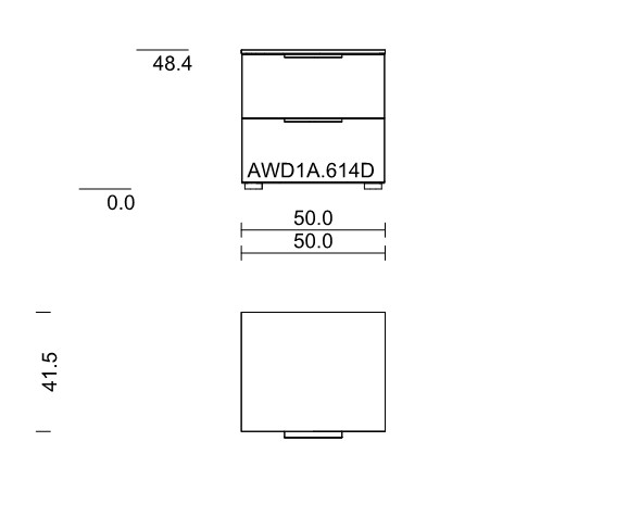 Maßzeichnung eines Nachttisches mit zwei Schubladen vor weißem Hintergrund