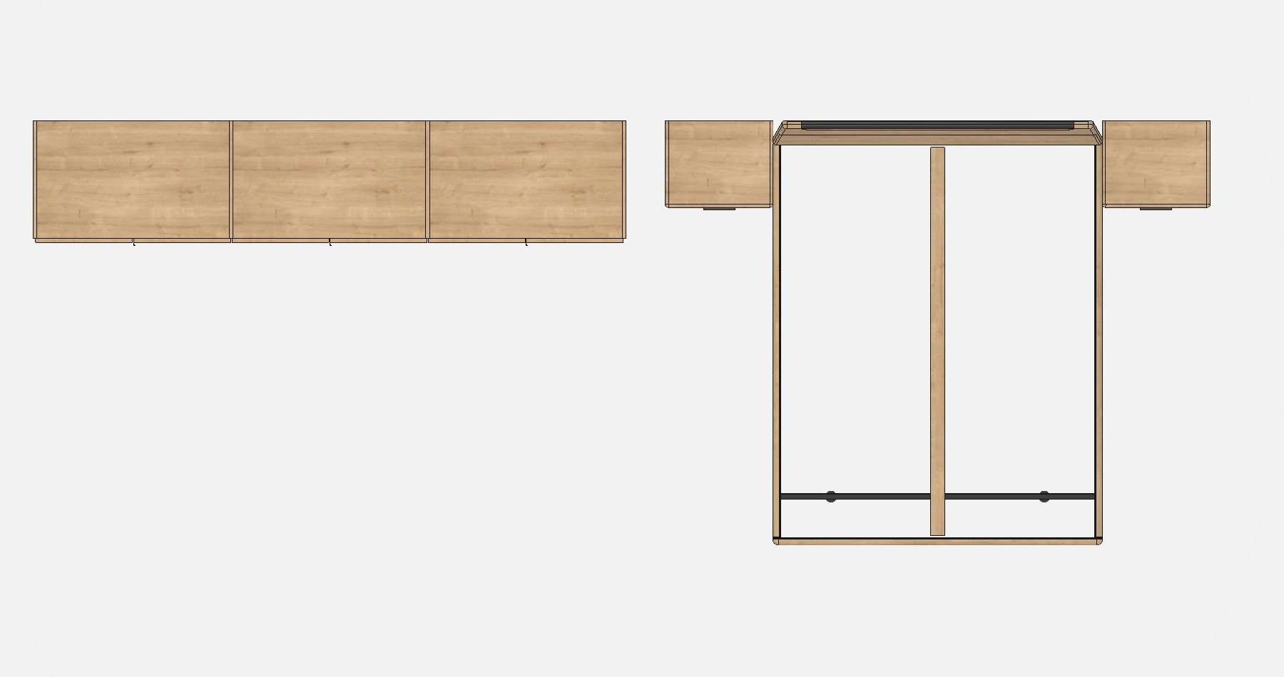 brauner sechstüriger Schrank und Bett mit zwei Konsolen Ansicht von oben vor weißem Hintergrund