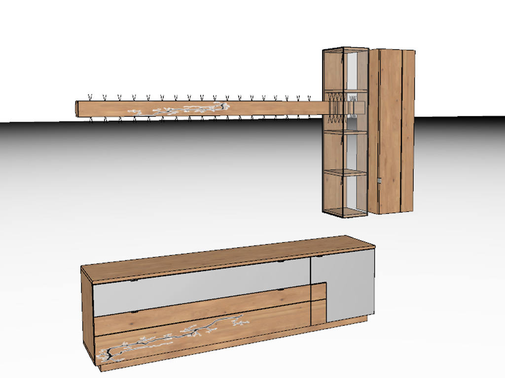 3D-Illustration einer modernen Garderoben-Kombination, die aus einem Holzschrank, einer Hakenleiste und mehreren Ablagefächern besteht.