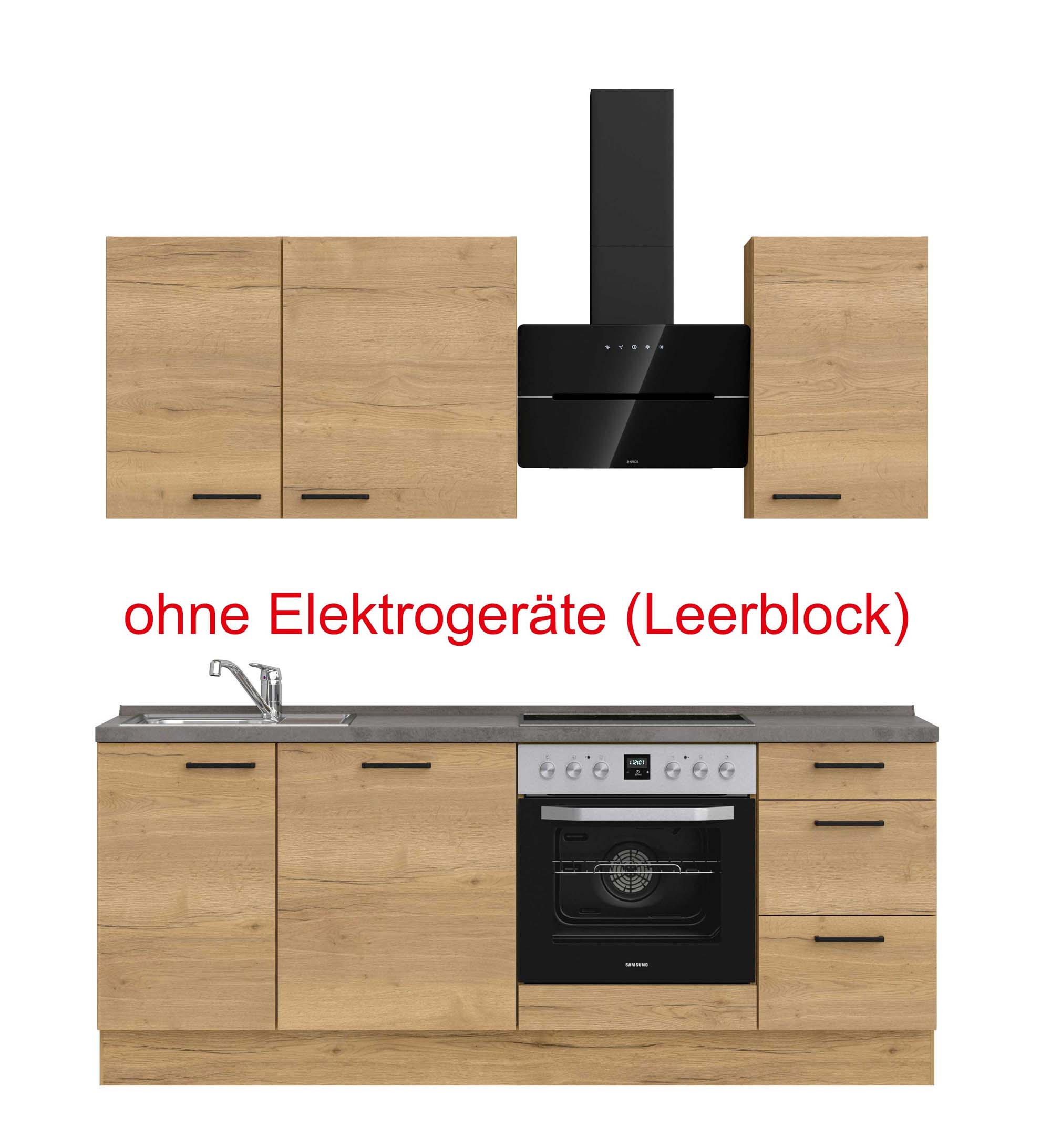 küchenzeile braun, grau mit Backofen, Herd, Dunstabzugshaube, Waschbecken, Armatur mit Hinweistext ohne Elektrogeräte (Leerblock) nobilia structura