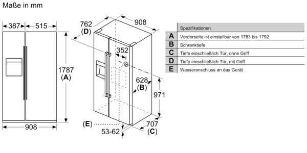 Diagramm mit den Abmessungen eines Kühlschranks in mm, einschließlich einstellbarer Vorderseite, Schranktiefe und Wasseranschluss.