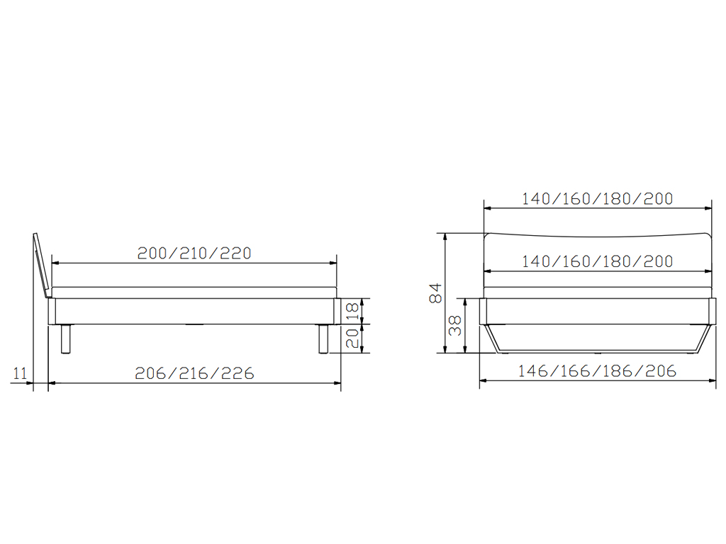 Technische Maßzeichnung des Hasena Betts Tresali, mit Seiten- und Vorderansicht und den Maßen für eine Betthöhe von 20 cm.