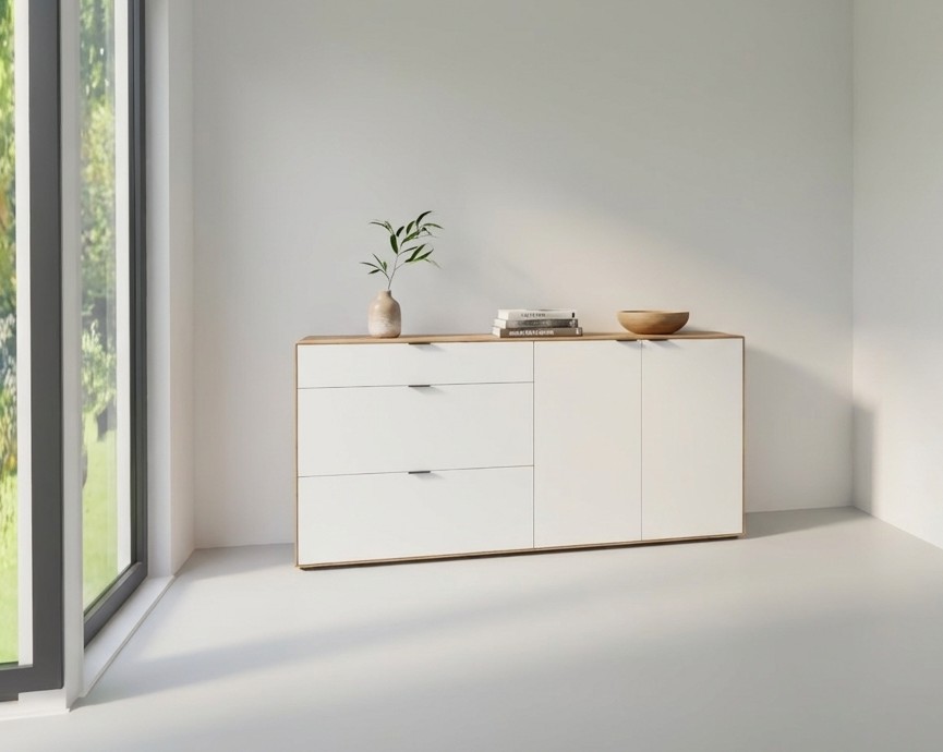 modernes weiß braunes Sideboards stilvoll dekoriert in einem hellen Zimmer