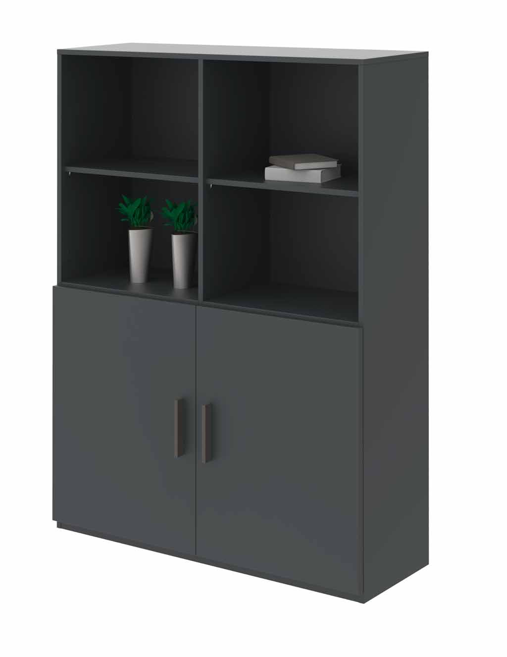 Röhr Bush. qunit - Highboard mit 2 Türen | anthrazit |  B: 100 cm Grauer Schrank mit vier offenen Fächern, zwei Pflanzen, Büchern und zwei Türen unten