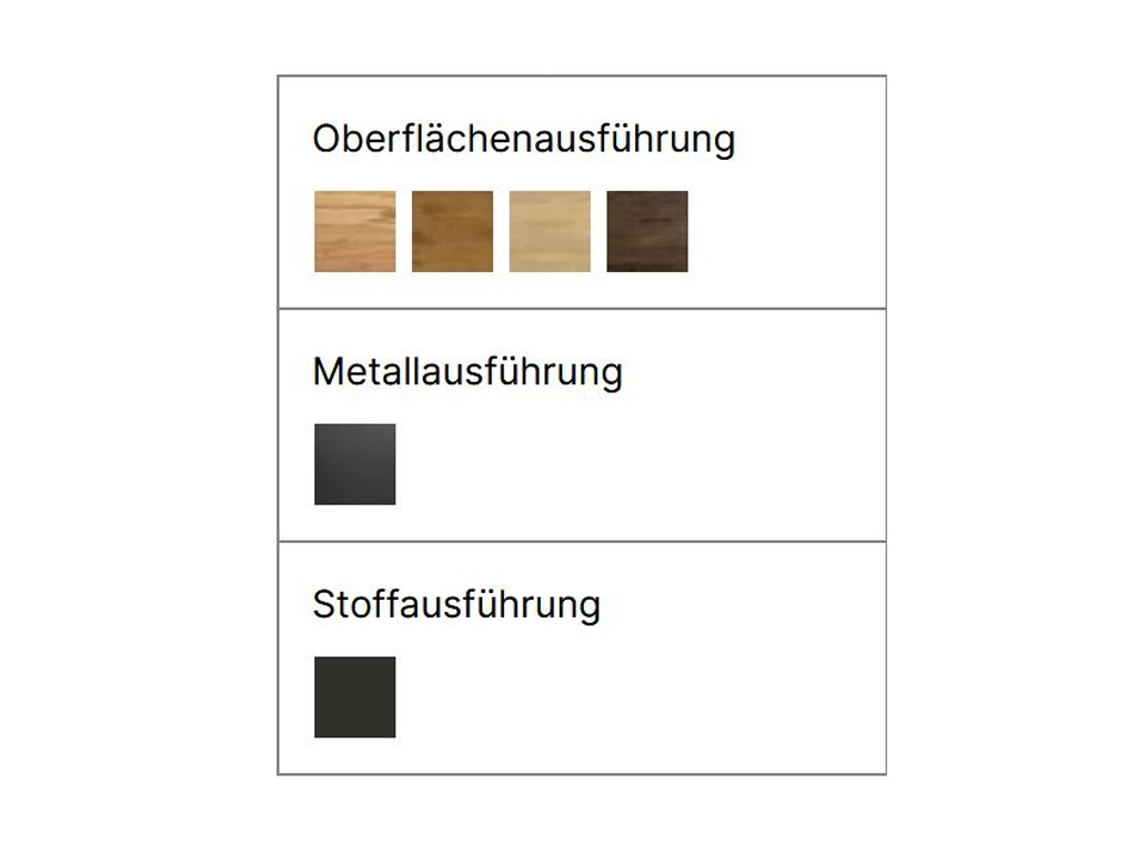 Ein Farbmuster-Diagramm, das die verschiedenen Ausführungen für das Bett zeigt. Es gibt vier Holzausführungen (Oberflächenausführung), eine schwarze Metallausführung und eine schwarze Stoffausführung.