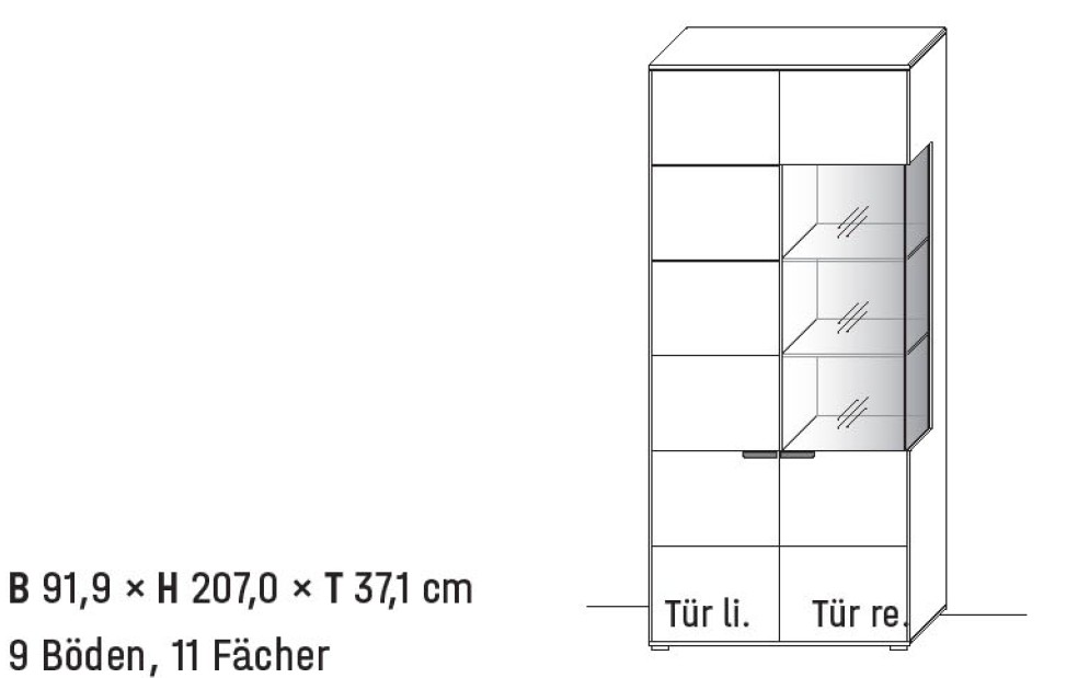 Illustration einer Vitrine mit Maßangabe und Bezeichnung vor weißem Hintergrund